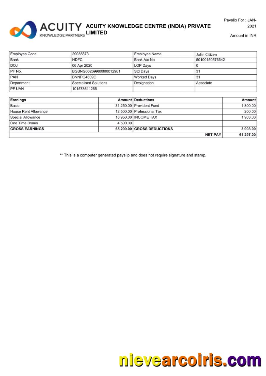 India ACUITY Knowledge Centre Private Limited payslip